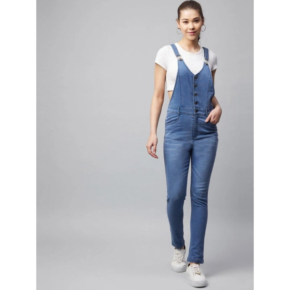 Seduva Women's Denim Lycra Solid Buttoned Dungaree (Ice Blue)