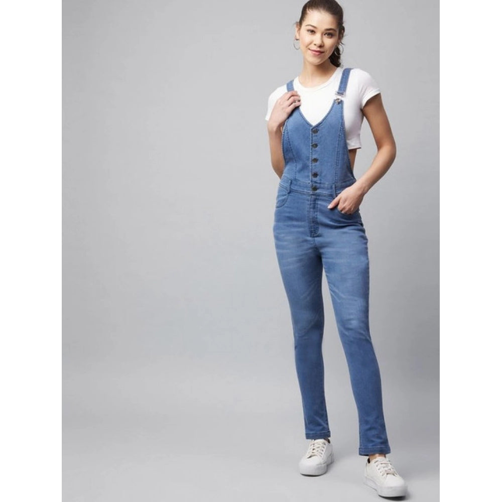 Seduva Women's Denim Lycra Solid Buttoned Dungaree (Ice Blue)