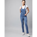 Seduva Women's Denim Lycra Solid Buttoned Dungaree (Ice Blue)
