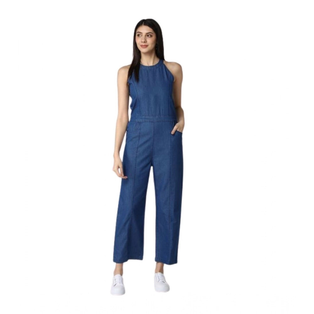 Seduva Women's Denim Solid Sleeveless Jumpsuit (Blue)