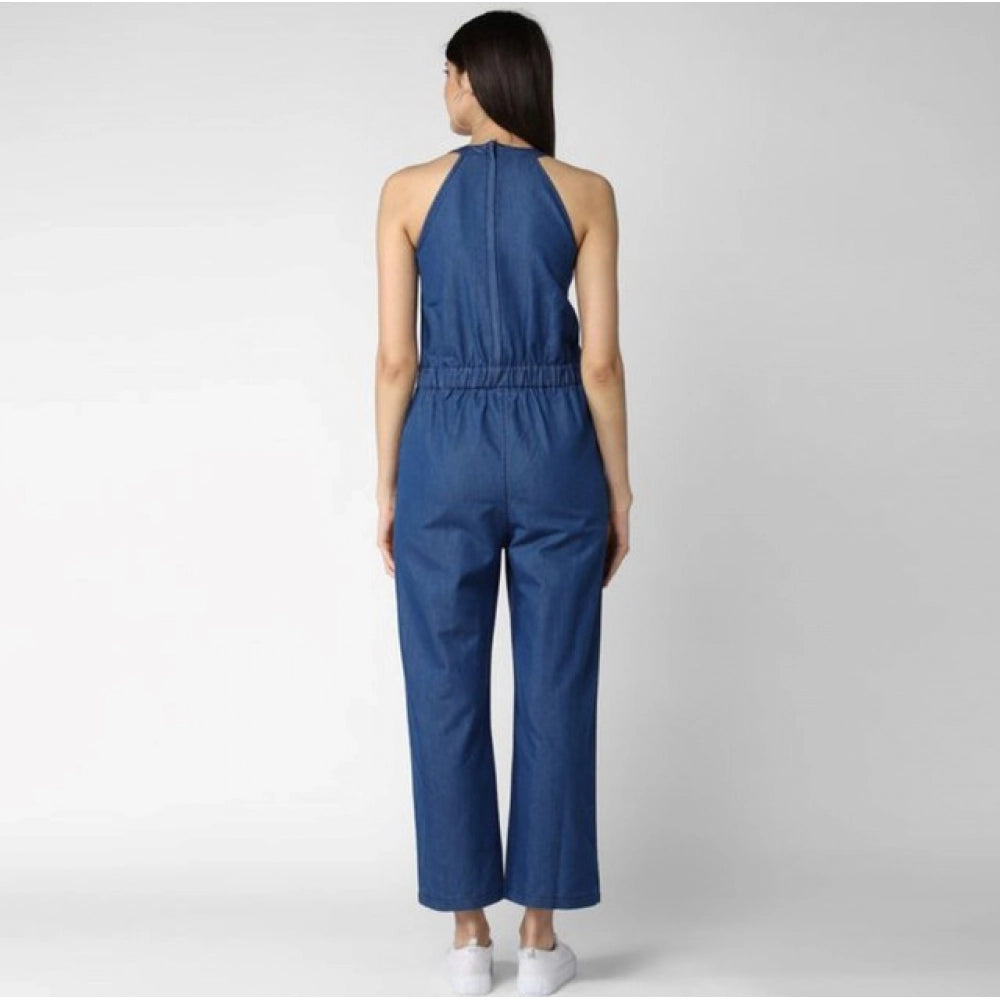 Seduva Women's Denim Solid Sleeveless Jumpsuit (Blue)