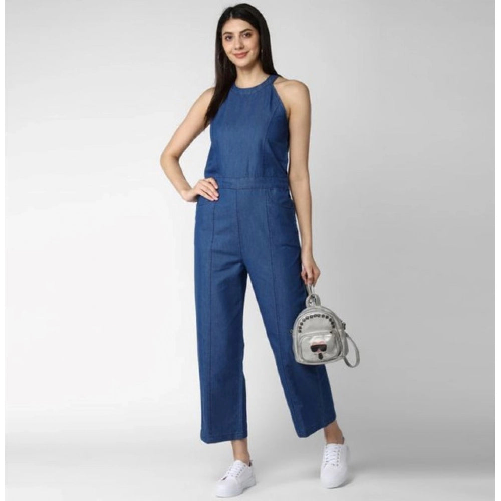 Seduva Women's Denim Solid Sleeveless Jumpsuit (Blue)