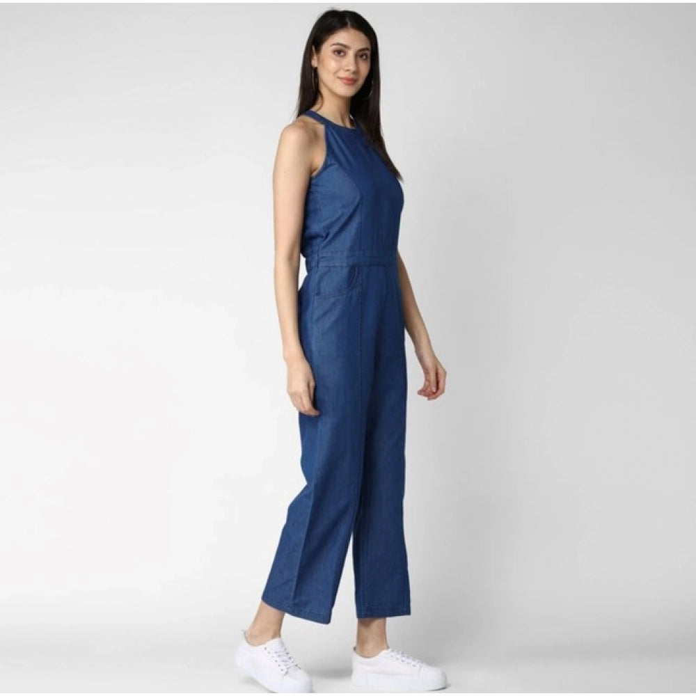 Seduva Women's Denim Solid Sleeveless Jumpsuit (Blue)