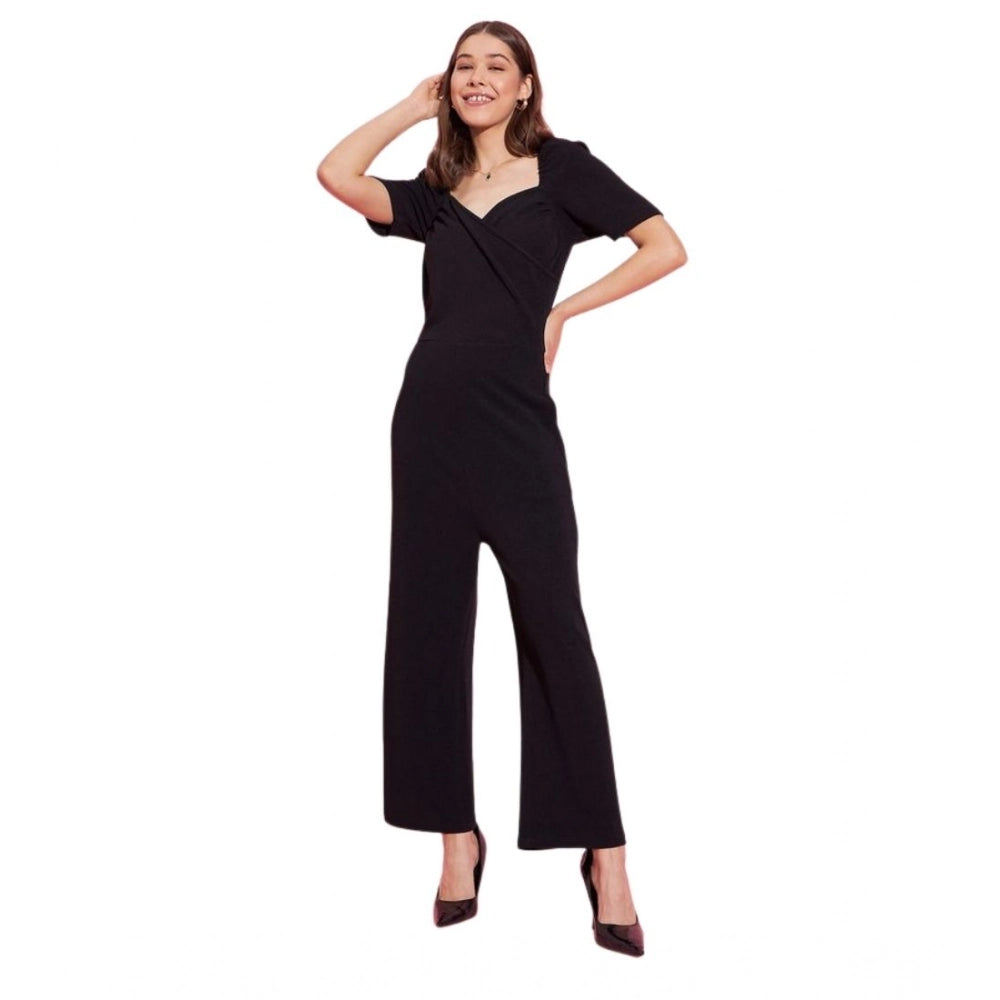 Seduva Women's Polyester Lycra Solid Puff Sleeve Jumpsuit (Black)