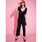 Seduva Women's Polyester Lycra Solid Puff Sleeve Jumpsuit (Black)