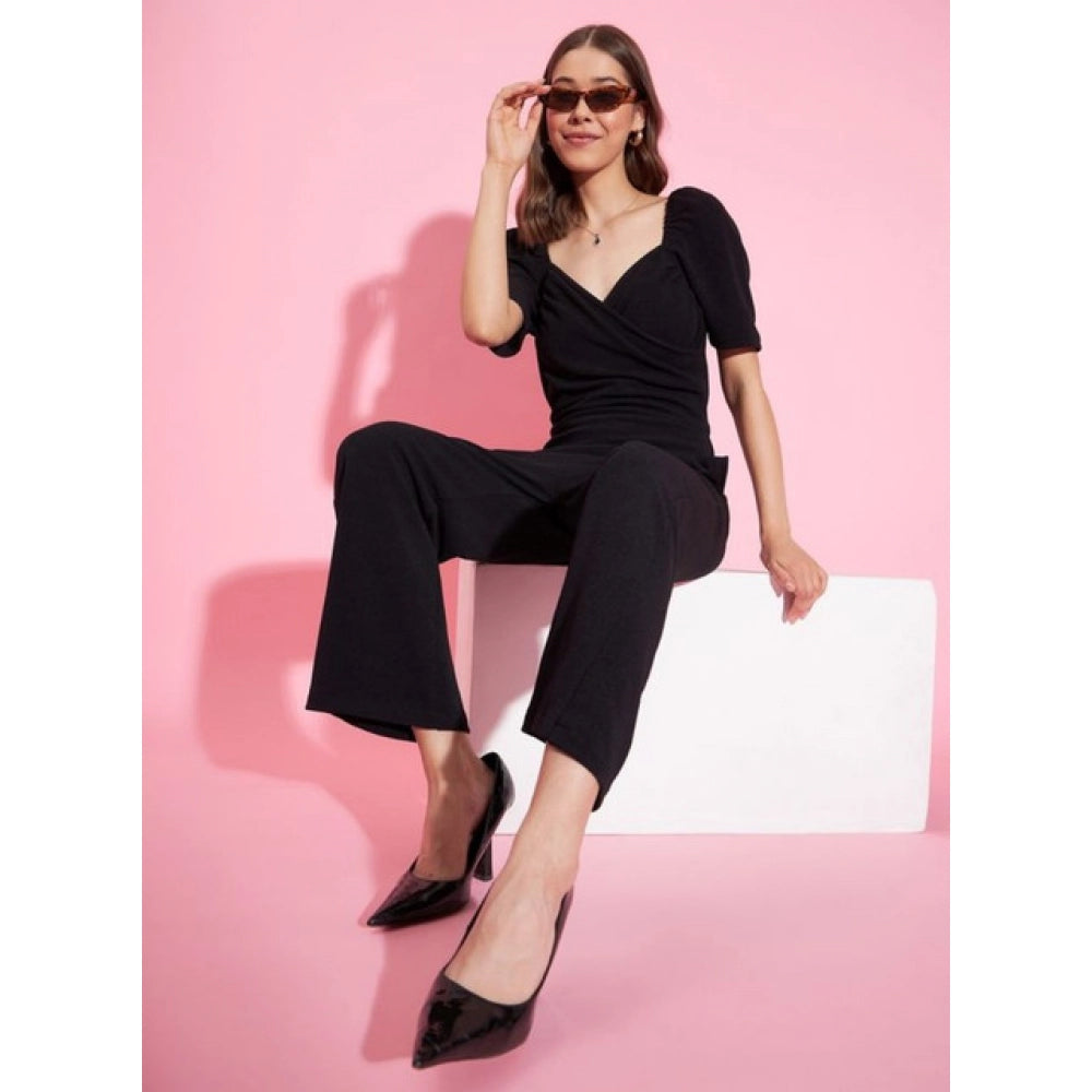Seduva Women's Polyester Lycra Solid Puff Sleeve Jumpsuit (Black)