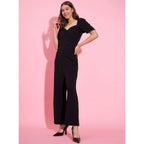 Seduva Women's Polyester Lycra Solid Puff Sleeve Jumpsuit (Black)