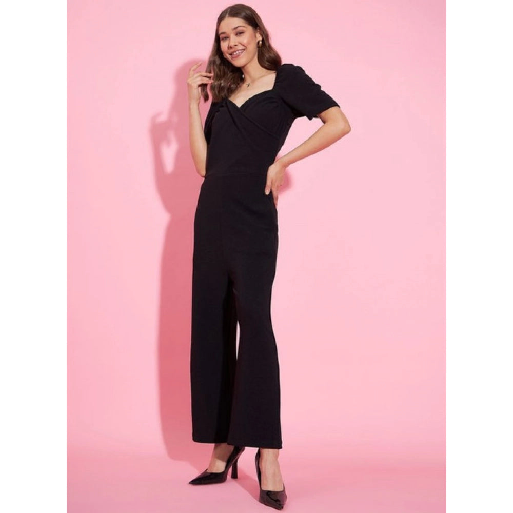 Seduva Women's Polyester Lycra Solid Puff Sleeve Jumpsuit (Black)