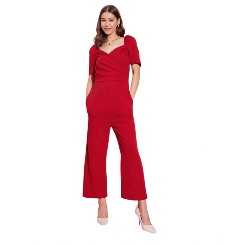 Seduva Women's Polyester Lycra Solid Puff Sleeve Jumpsuit (Red)