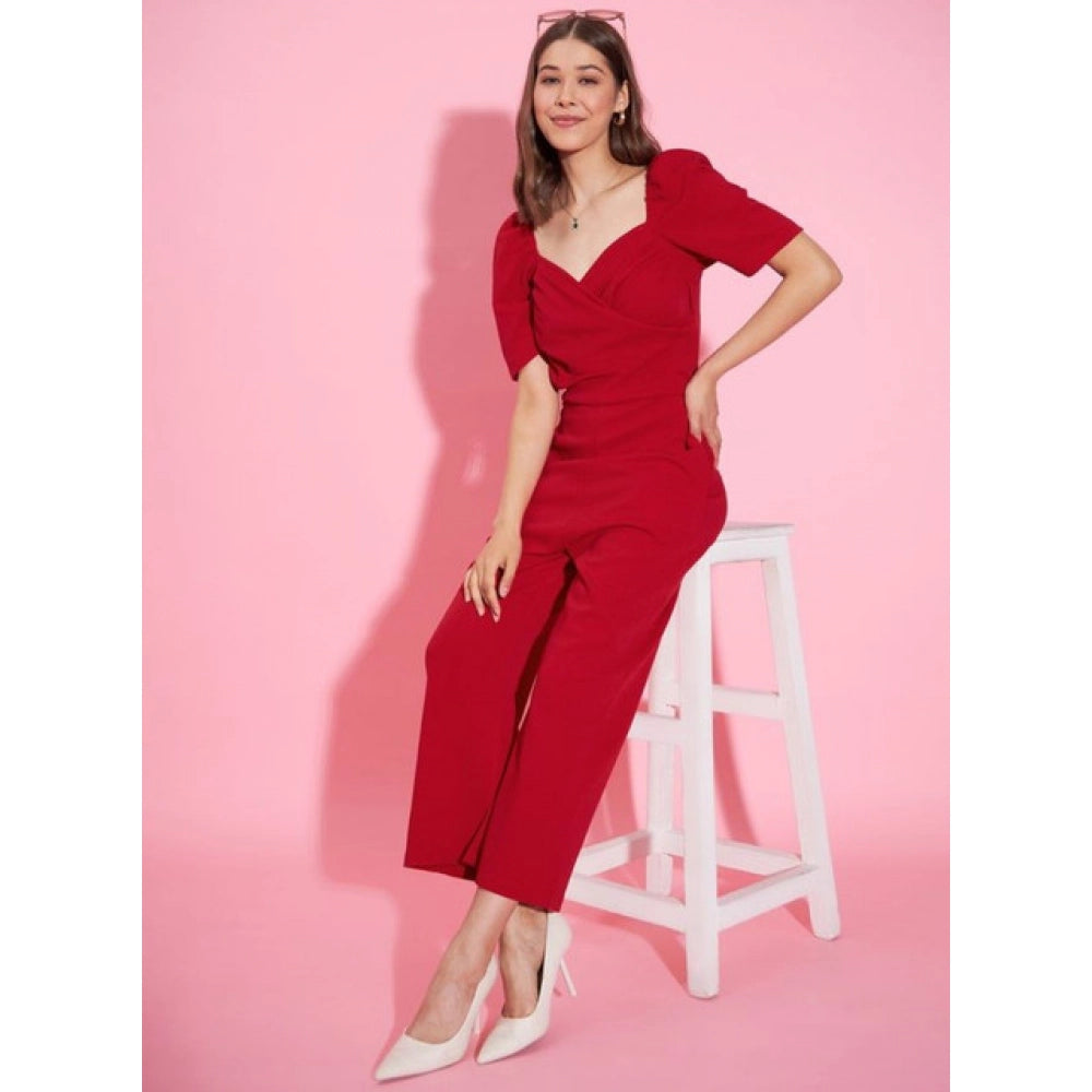 Seduva Women's Polyester Lycra Solid Puff Sleeve Jumpsuit (Red)