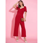 Seduva Women's Polyester Lycra Solid Puff Sleeve Jumpsuit (Red)