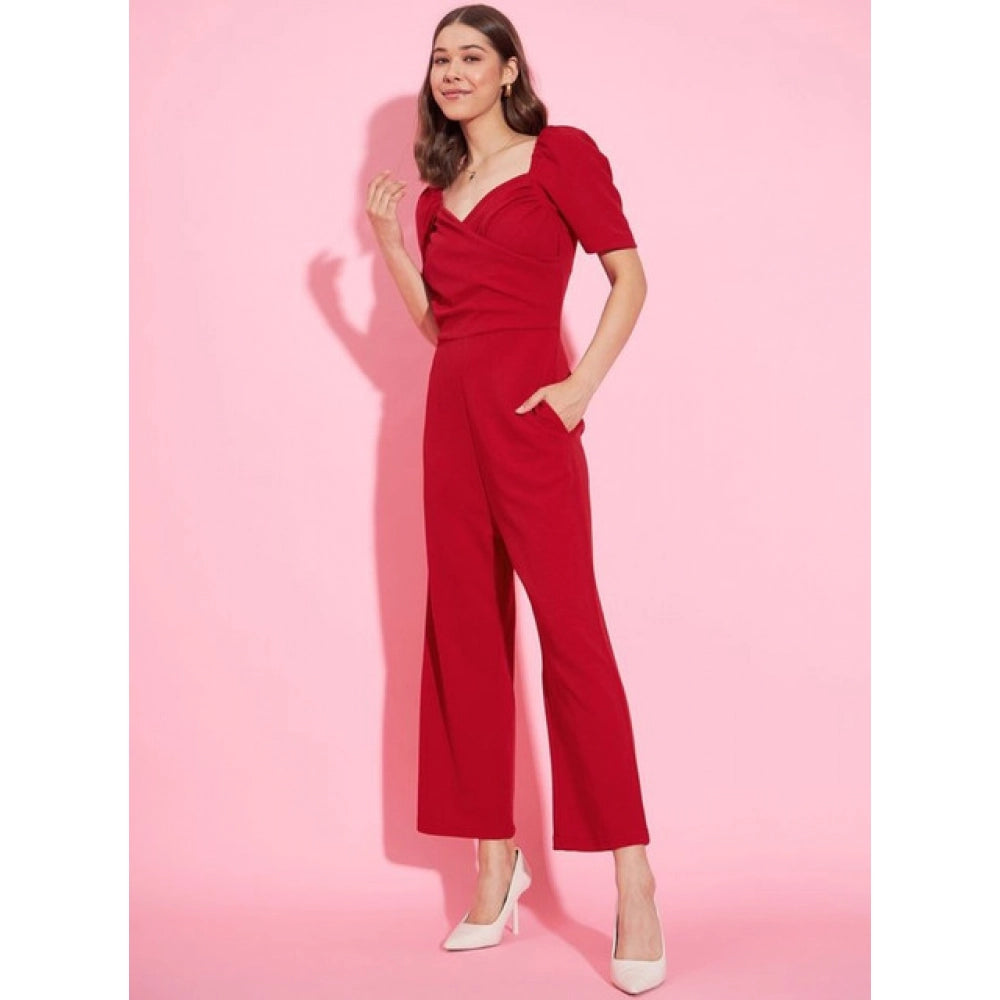Seduva Women's Polyester Lycra Solid Puff Sleeve Jumpsuit (Red)