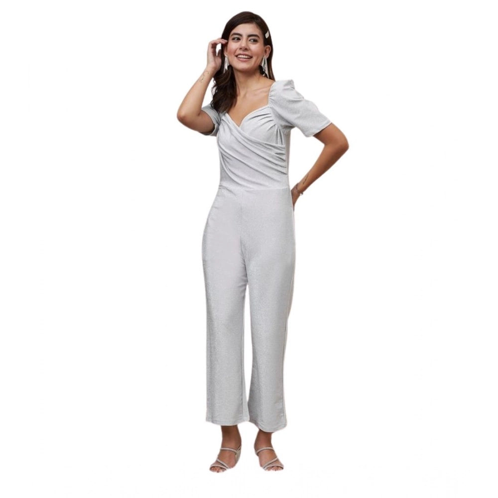 Seduva Women's Polyester Shimmer Self Design Short Sleeve Jumpsuit (Silver)