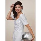 Seduva Women's Polyester Shimmer Self Design Short Sleeve Jumpsuit (Silver)