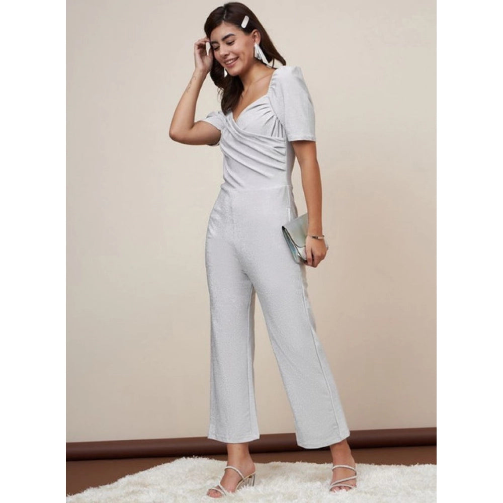 Seduva Women's Polyester Shimmer Self Design Short Sleeve Jumpsuit (Silver)