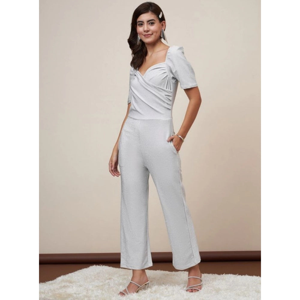 Seduva Women's Polyester Shimmer Self Design Short Sleeve Jumpsuit (Silver)