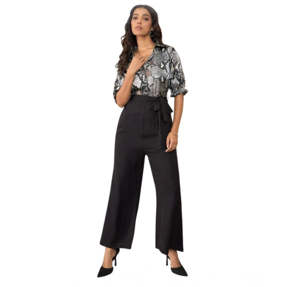 Seduva Women's Satin And Polyester Floral Half Sleeves Jumpsuit (Grey - Black)