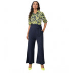Seduva Women's Polyester Floral Half Sleeves Jumpsuit (Navy - Yellow)