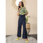 Seduva Women's Polyester Floral Half Sleeves Jumpsuit (Navy - Yellow)