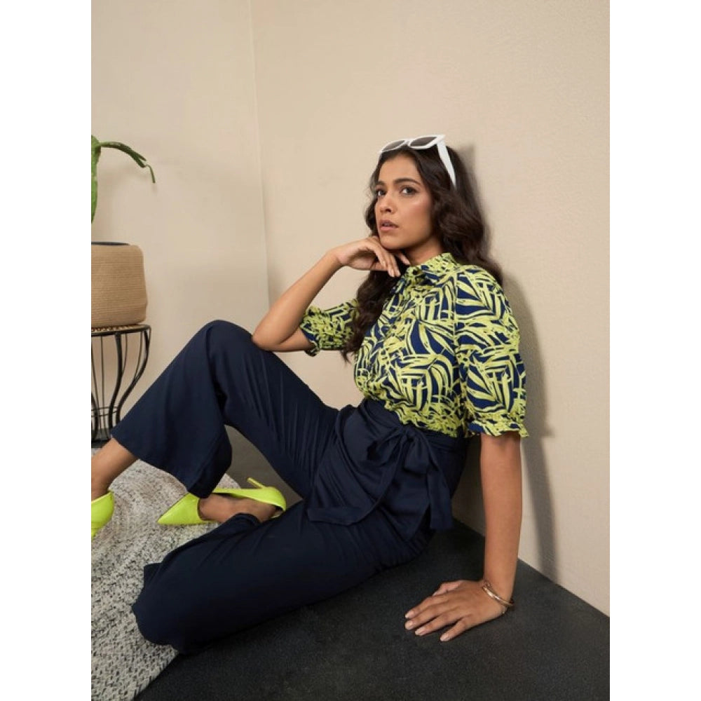 Seduva Women's Polyester Floral Half Sleeves Jumpsuit (Navy - Yellow)