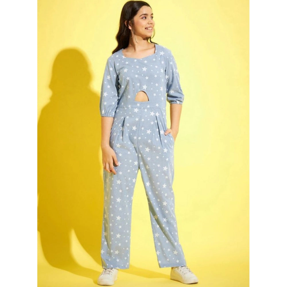 Seduva Girl's Cotton Printed 3-4th Sleeve Jumpsuit (Blue - White)