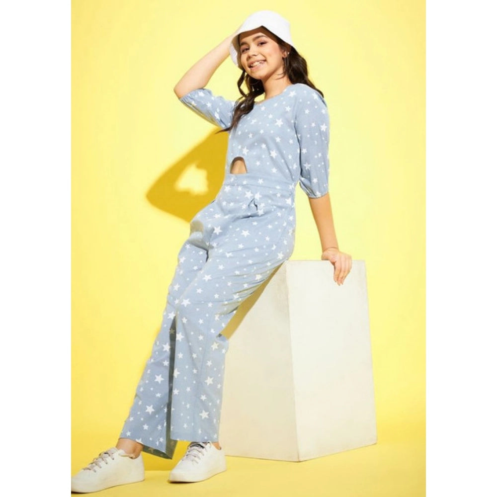 Seduva Girl's Cotton Printed 3-4th Sleeve Jumpsuit (Blue - White)