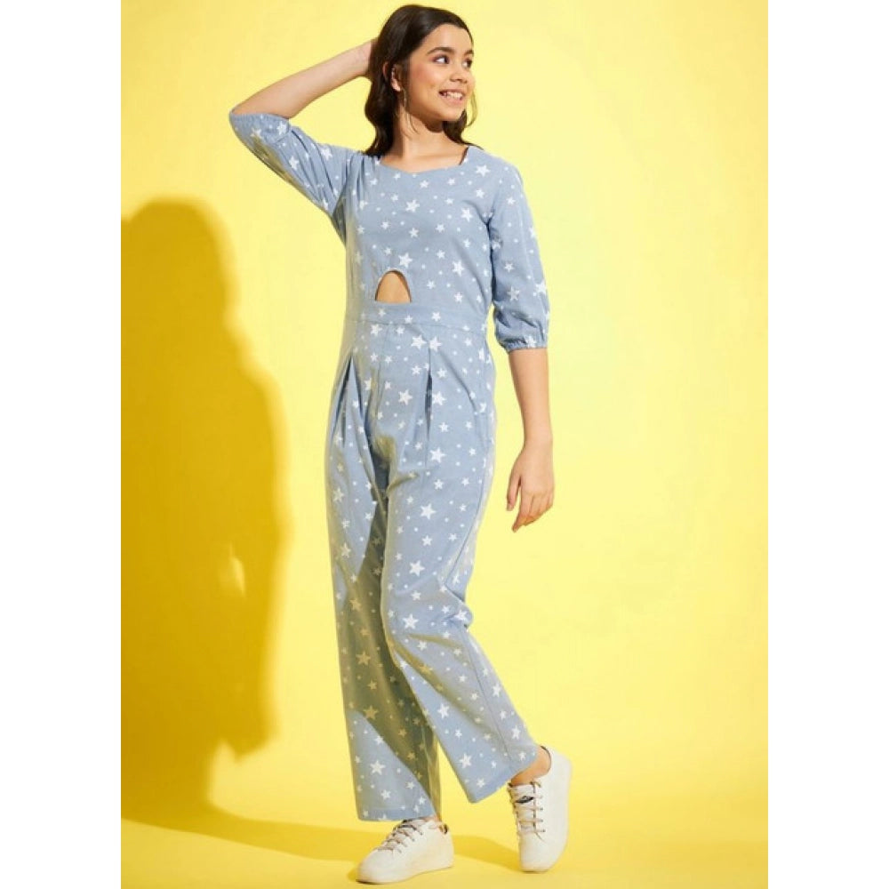 Seduva Girl's Cotton Printed 3-4th Sleeve Jumpsuit (Blue - White)