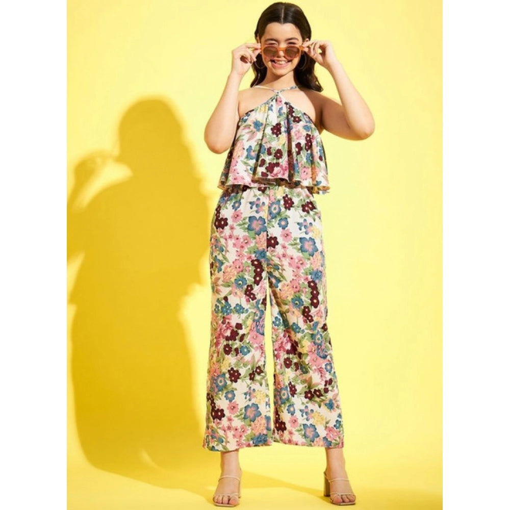 Seduva Girl's Polyester Crepe Floral Sleeveless Jumpsuit (Multicolor)
