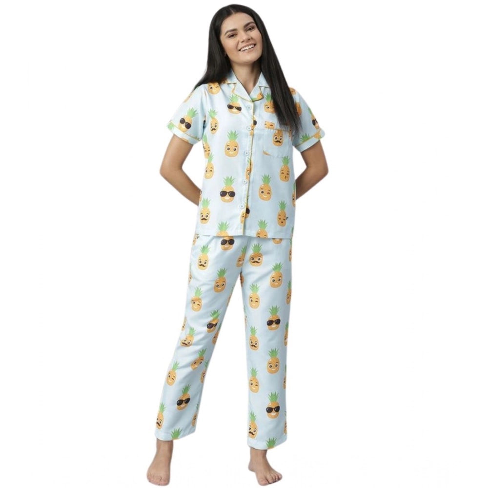 Seduva Women's Cotton Blend Printed Short Sleeve Night Suit (Blue-Yellow)