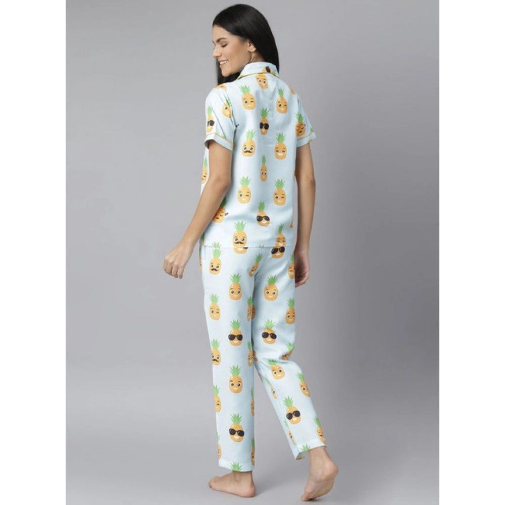 Seduva Women's Cotton Blend Printed Short Sleeve Night Suit (Blue-Yellow)