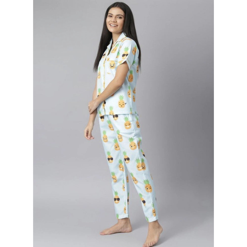Seduva Women's Cotton Blend Printed Short Sleeve Night Suit (Blue-Yellow)