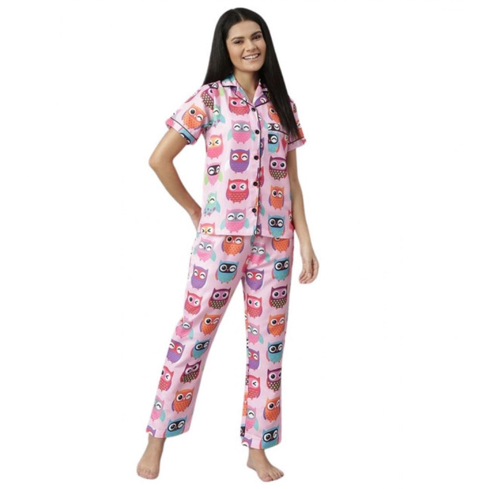Seduva Women's Cotton Blend Printed Short Sleeve Night Suit (Pink)