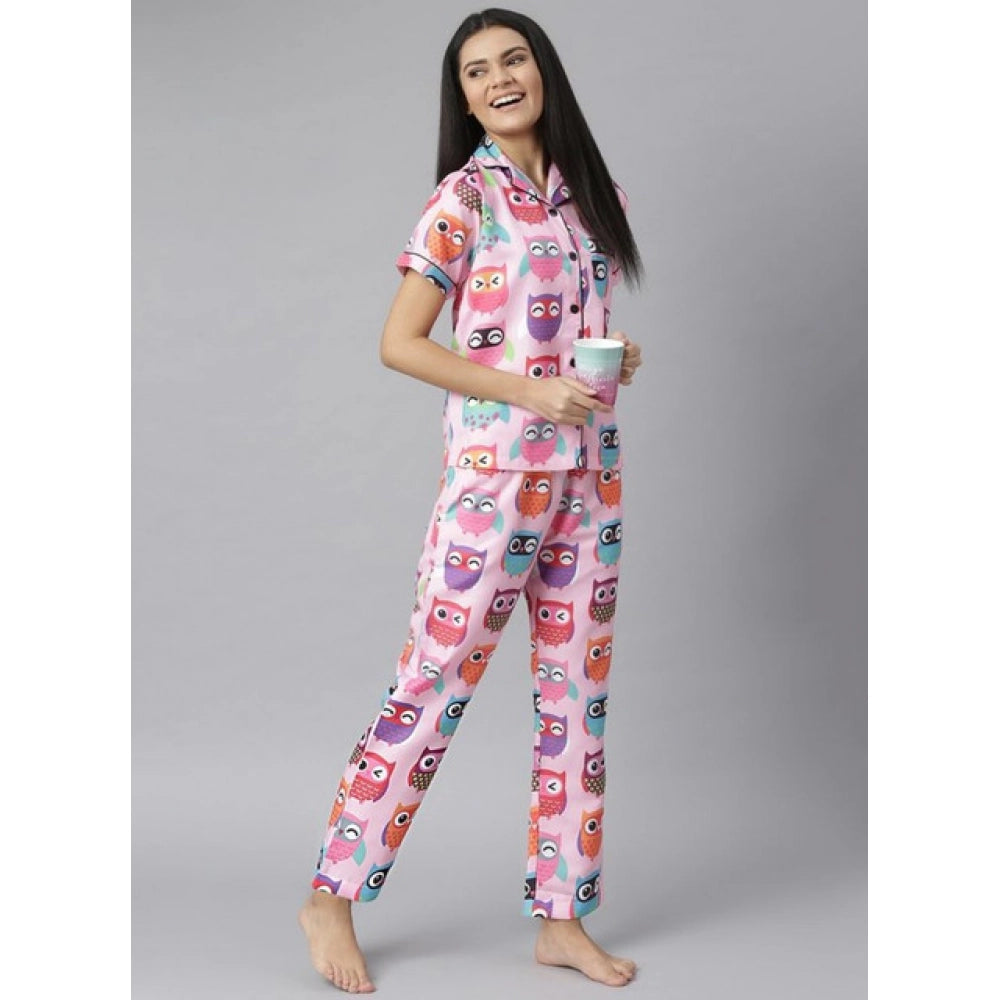 Seduva Women's Cotton Blend Printed Short Sleeve Night Suit (Pink)