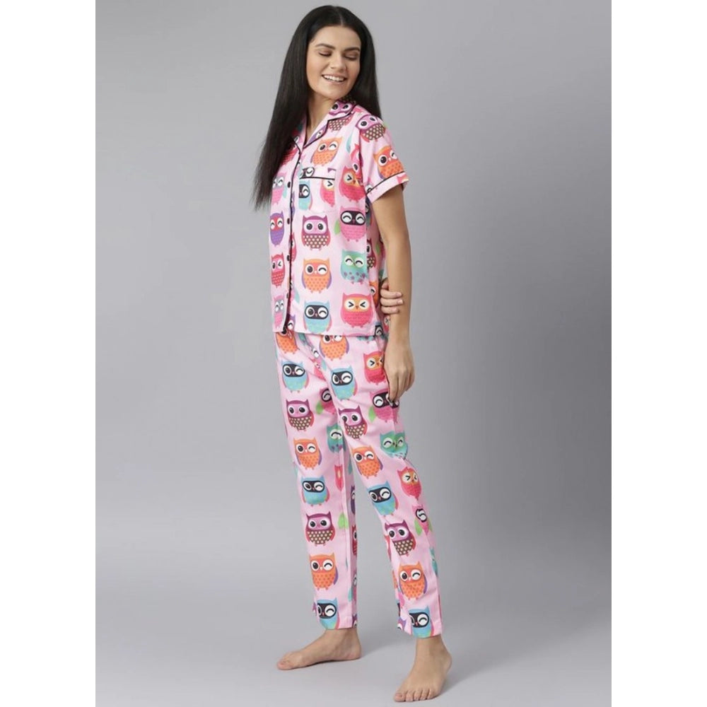 Seduva Women's Cotton Blend Printed Short Sleeve Night Suit (Pink)