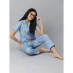 Seduva Women's Cotton Blend Printed Short Sleeve Night Suit (Blue)