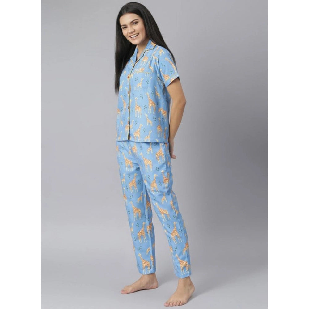 Seduva Women's Cotton Blend Printed Short Sleeve Night Suit (Blue)