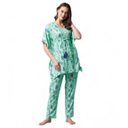 Seduva Women's Rayon Floral Kaftan Sleeve Night Suit (Green - Blue)