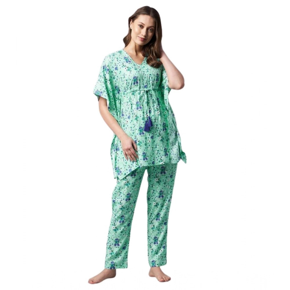 Seduva Women's Rayon Floral Kaftan Sleeve Night Suit (Green - Blue)