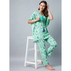 Seduva Women's Rayon Floral Kaftan Sleeve Night Suit (Green - Blue)