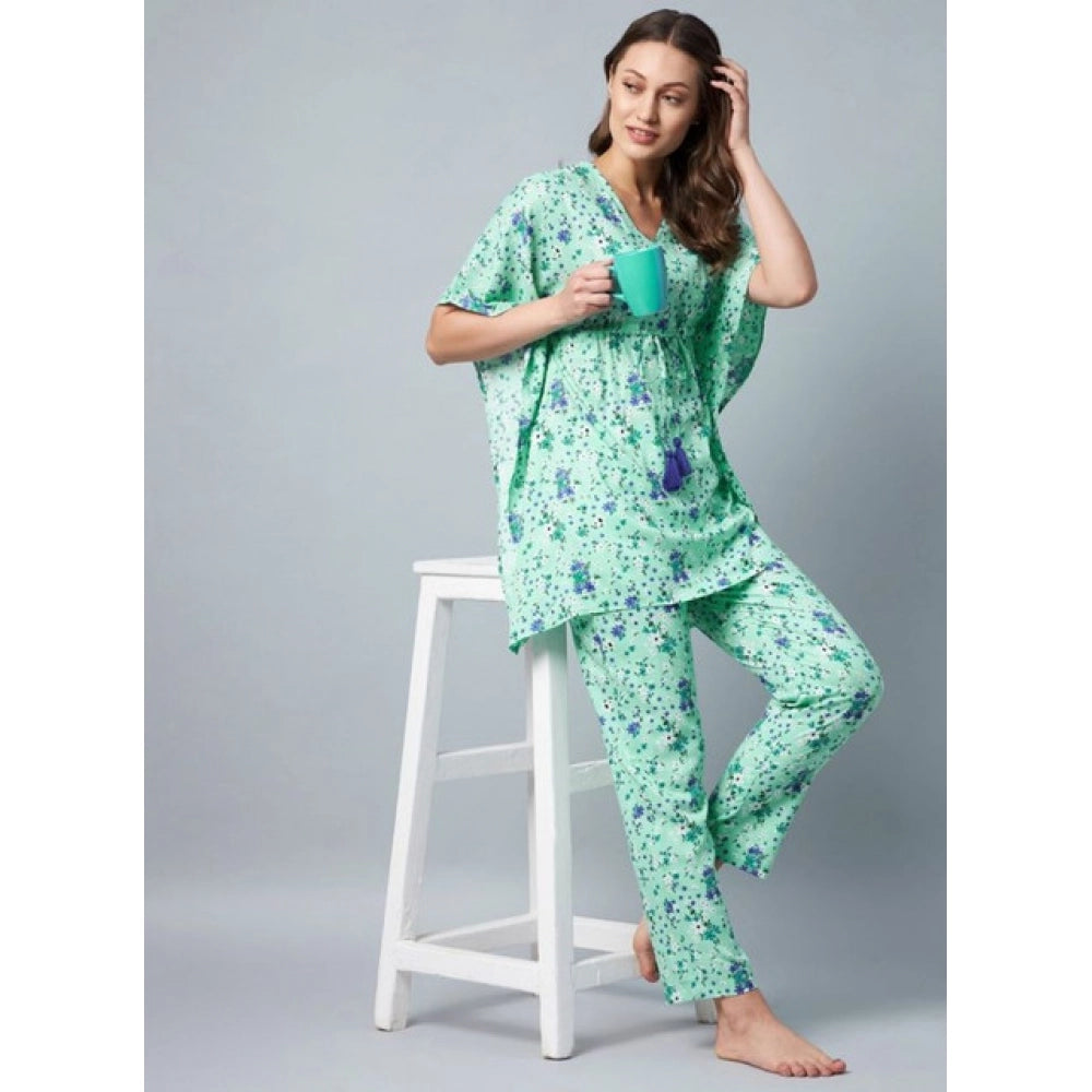 Seduva Women's Rayon Floral Kaftan Sleeve Night Suit (Green - Blue)