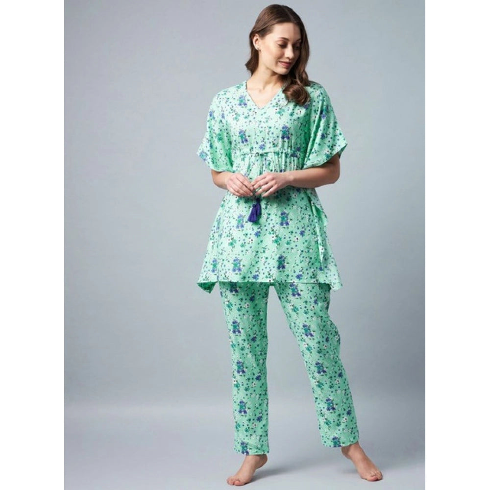 Seduva Women's Rayon Floral Kaftan Sleeve Night Suit (Green - Blue)