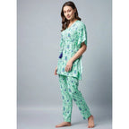 Seduva Women's Rayon Floral Kaftan Sleeve Night Suit (Green - Blue)