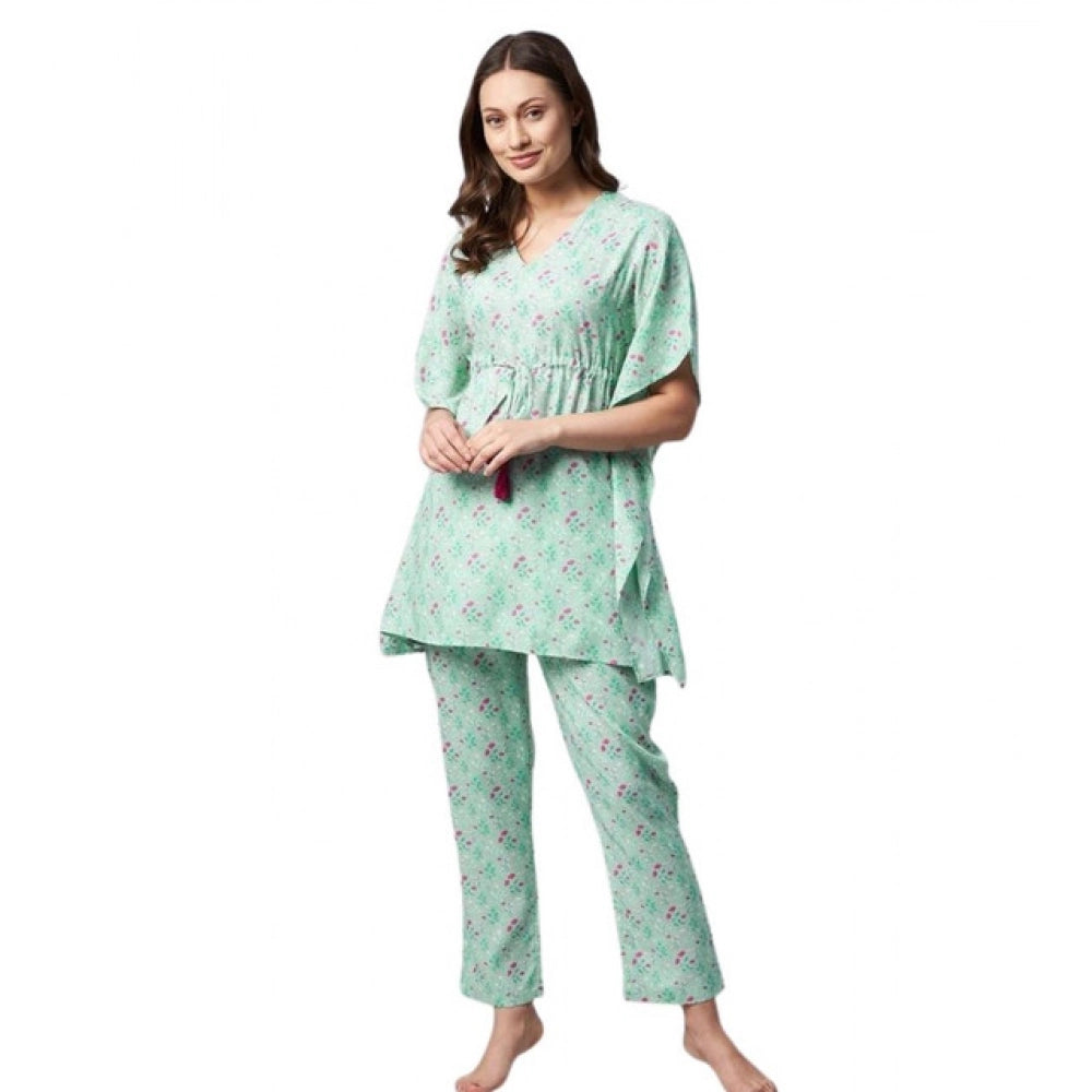 Seduva Women's Rayon Floral Kaftan Sleeve Night Suit (Green - Pink)