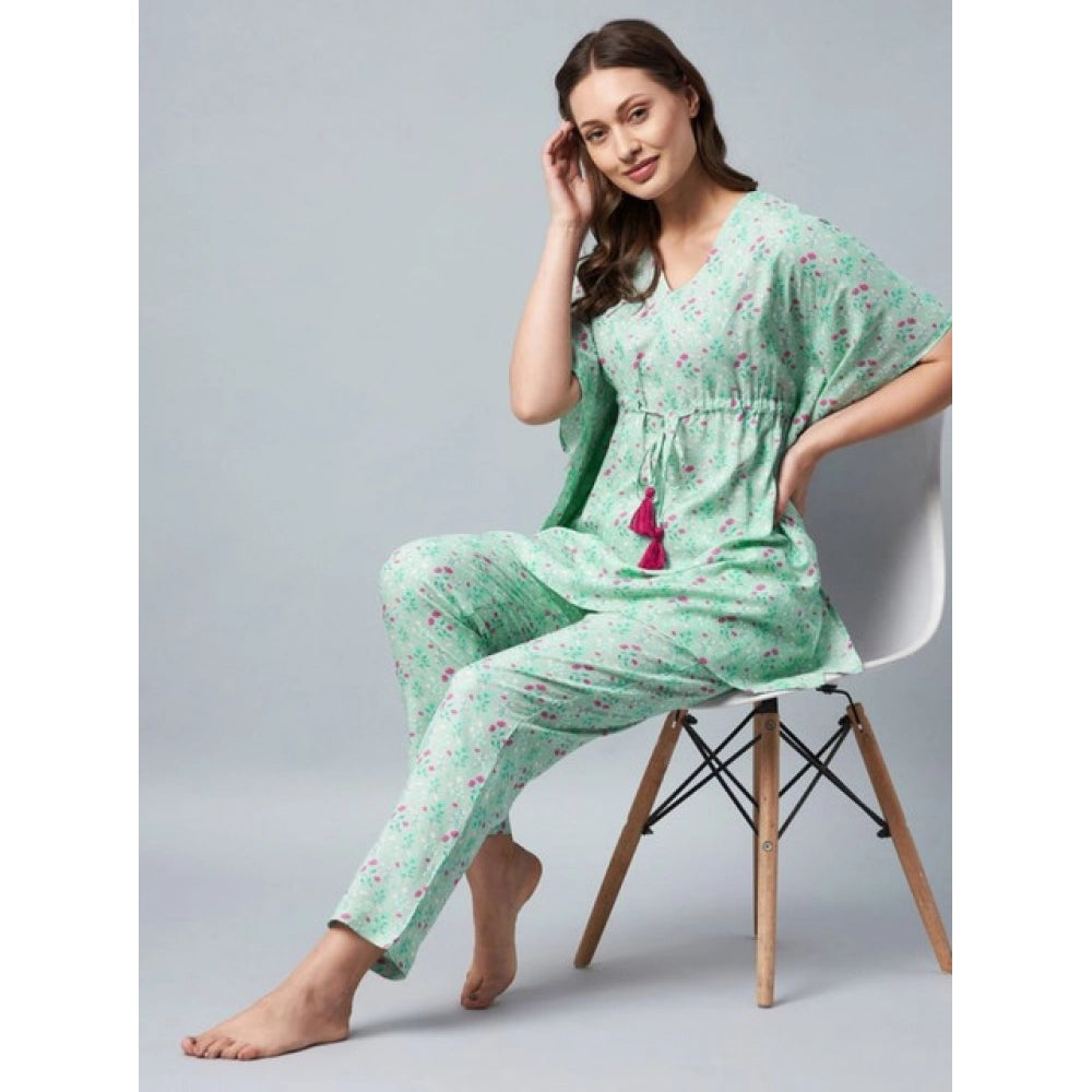 Seduva Women's Rayon Floral Kaftan Sleeve Night Suit (Green - Pink)