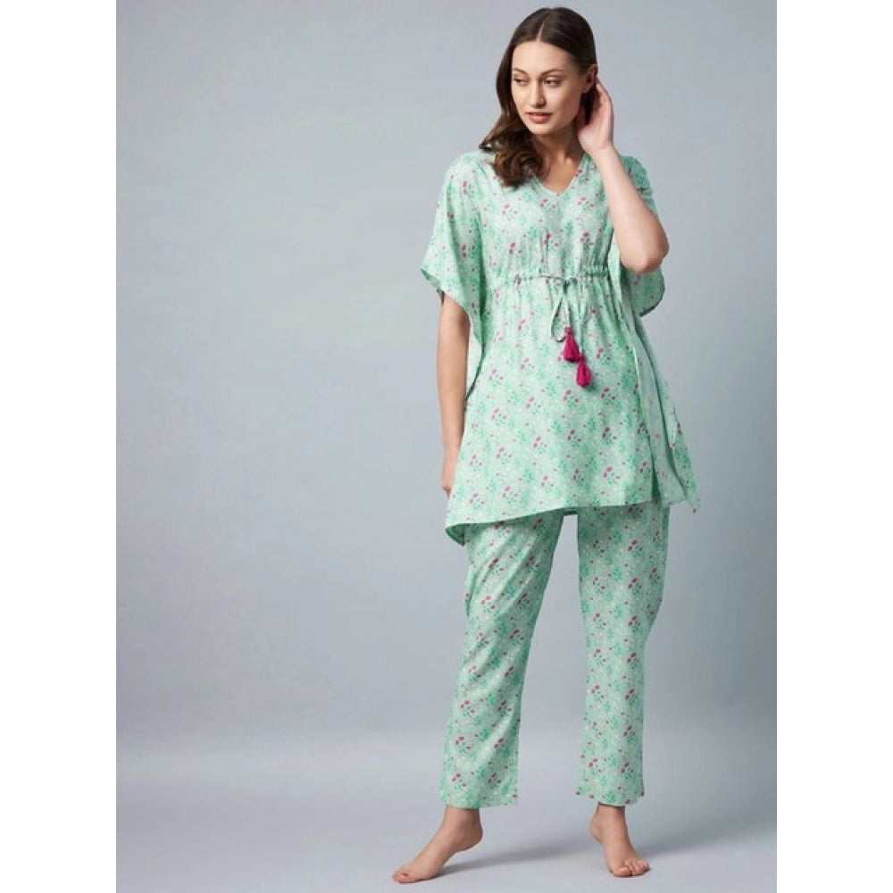 Seduva Women's Rayon Floral Kaftan Sleeve Night Suit (Green - Pink)