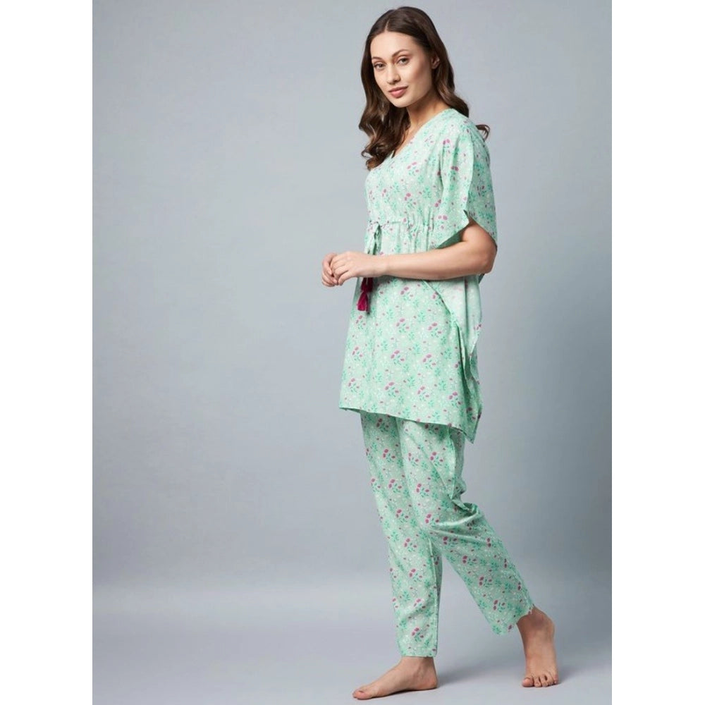 Seduva Women's Rayon Floral Kaftan Sleeve Night Suit (Green - Pink)