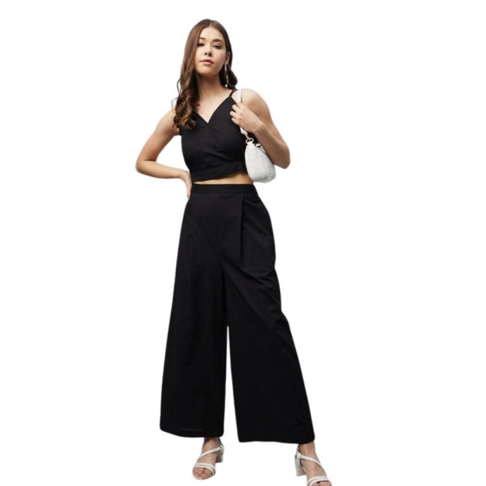 Seduva Women's Cotton Linen Solid Sleeveless Crop Top and Palazzo Set (Black)
