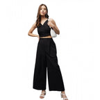 Seduva Women's Cotton Linen Solid Sleeveless Crop Top and Palazzo Set (Black)