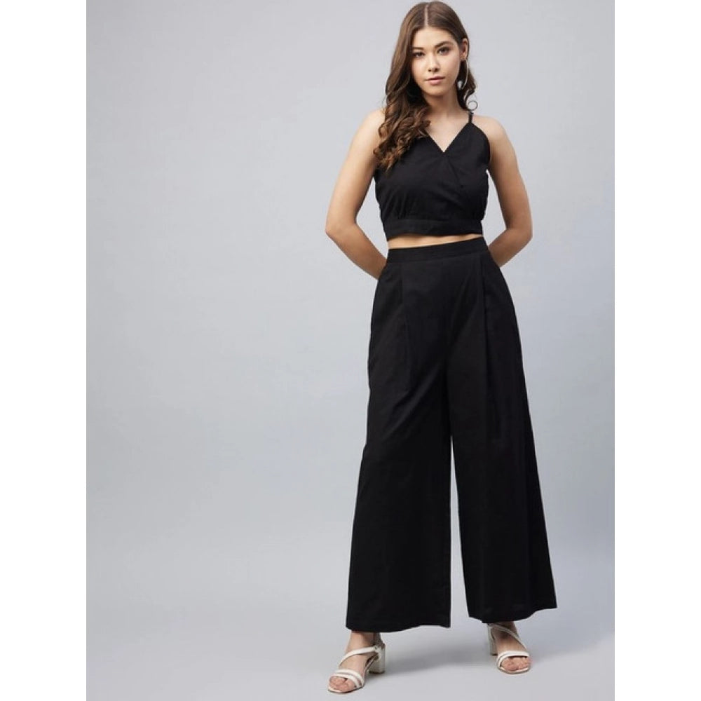 Seduva Women's Cotton Linen Solid Sleeveless Crop Top and Palazzo Set (Black)