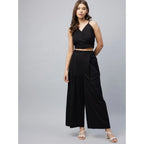 Seduva Women's Cotton Linen Solid Sleeveless Crop Top and Palazzo Set (Black)